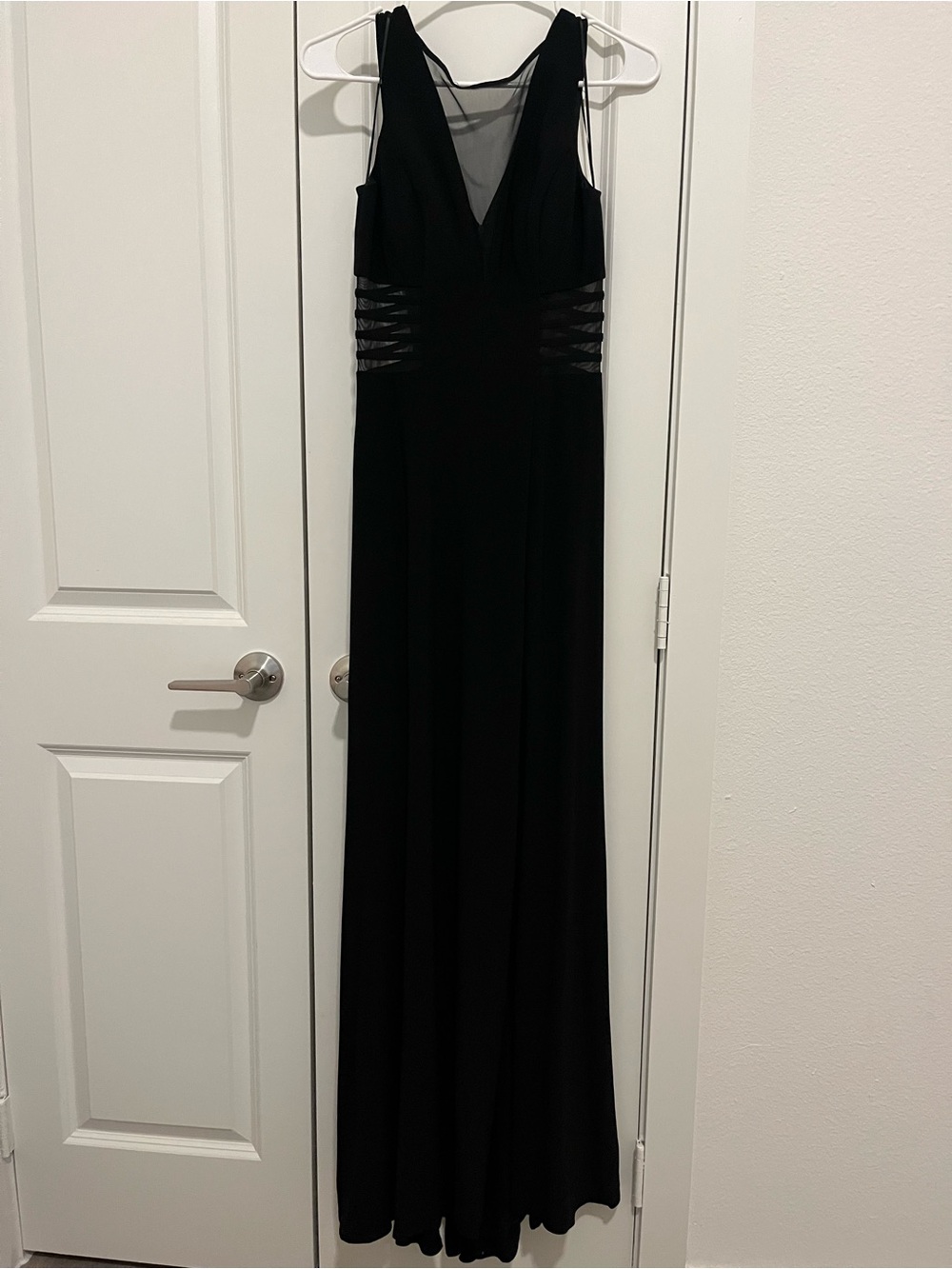 Morgan & Co. Black V-Neck Evening Gown with Sheer Insets